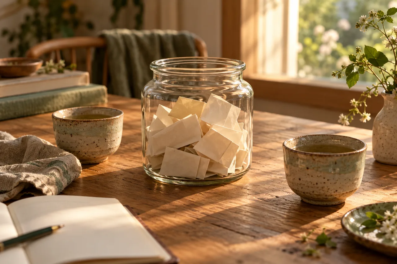 A glass jar of folded paper slips and two ceramic tea cups on a wooden table in warm window light