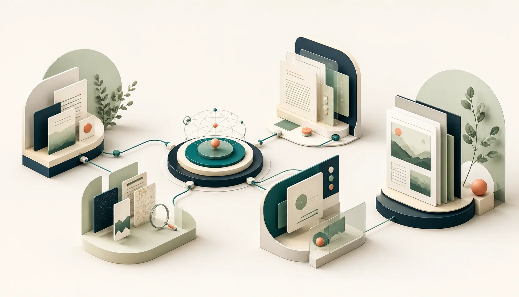 Abstract illustration of coordinated AI systems researching, editing, and publishing content