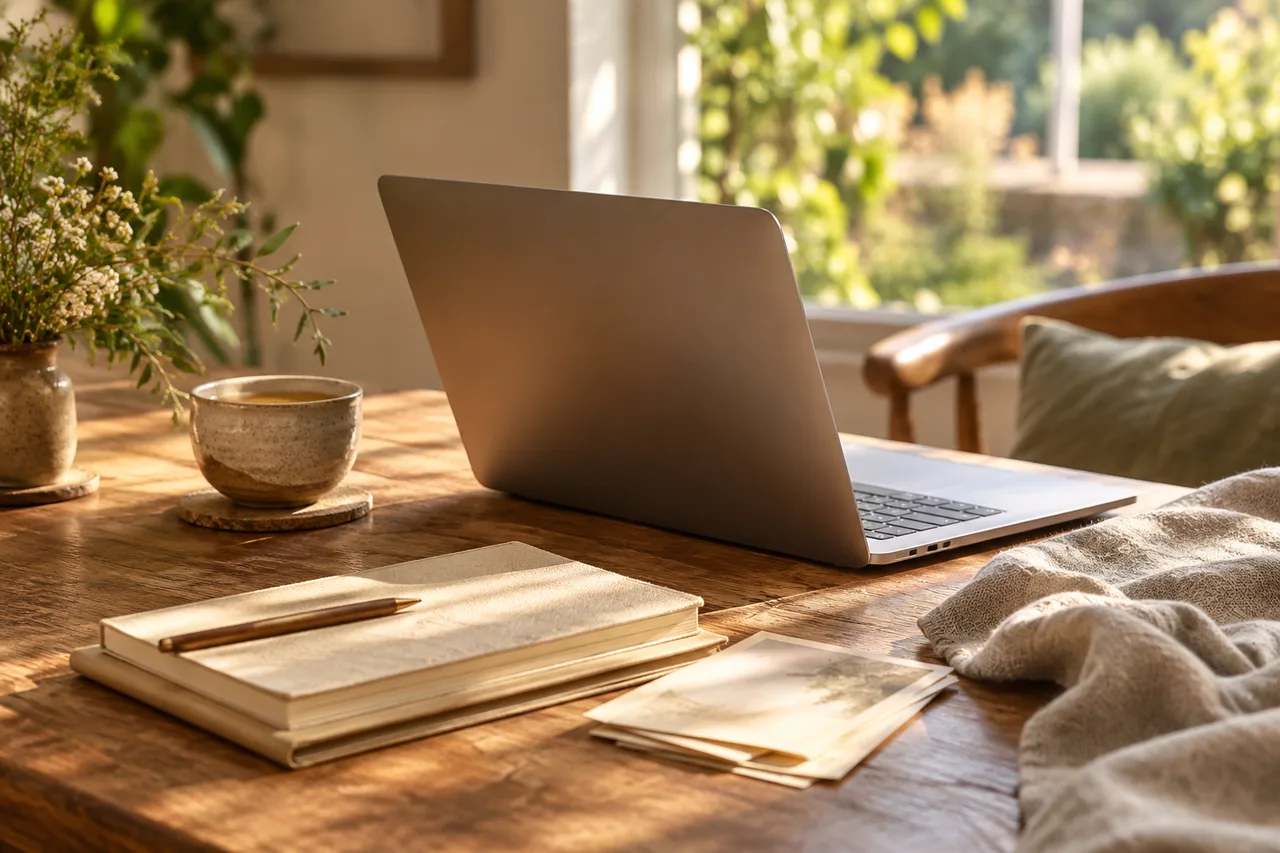 A laptop, paper notebooks, and ceramic tea cup on a wooden table beside a sunlit garden window