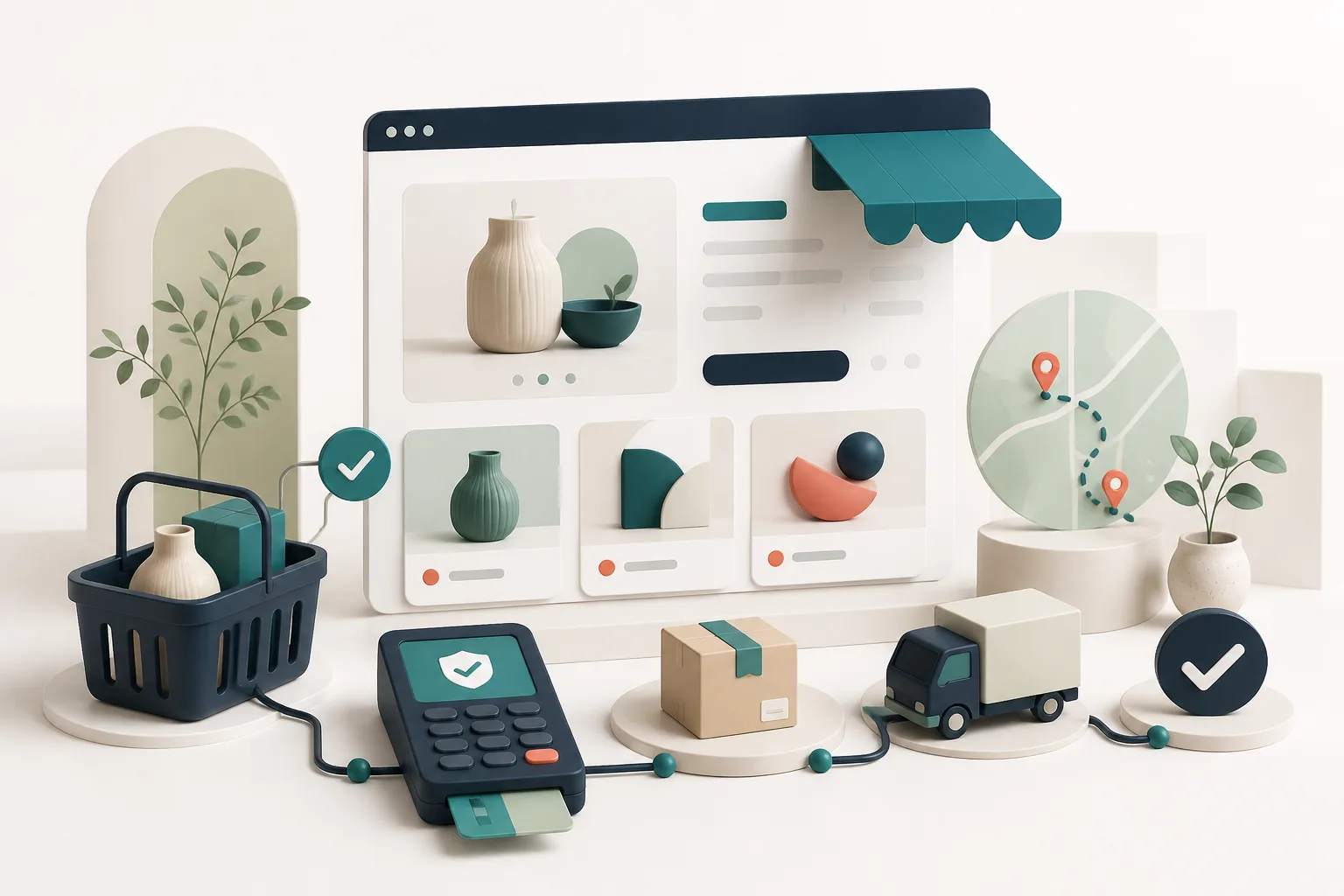 Abstract illustration of an online shop with products, checkout, payment, and delivery
