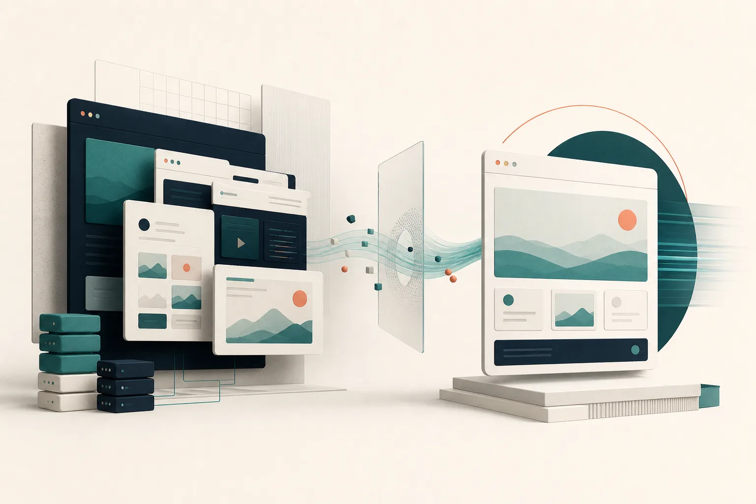 Abstract illustration of a complex website becoming a streamlined static site